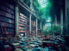 A digital illustration of a library, mostly in ruins with a tree growing in it