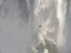 A photograph of Niagara Falls with a bird flying in the spray