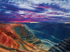 A digitally altered photograph of a hewn quarry underneath a purpled sky