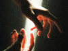 A pair of hands in a dark space illuminated by light from above