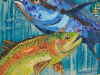 A mixed media painting of a blue and a yellow fish