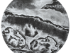 A pencil drawing of two distorted faces juxtaposed beneath what appears to the edge of a wave with another figure that could be a rock or a bird in the upper right hand corner. The whole image is a circle.