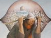 An illustration of a man carrying a heavy burden on his back with the city of Al Aqsa superimposed on the bag he's carrying