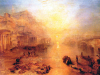 A painting saturated in orange and yellow tones showing boats on the Tiber with the city of Rome in the background