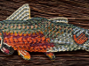 Kim Shuck, Warrior Trout (2016), 15/0 glass seed beads on brain-tanned hide, 9 x 2.5 in / Courtesy of the artist and Doug Salin Photography