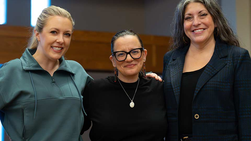 The Marrow Thieves vocalists/narrators Nicole Van Every (left) and Tracey Gregg-Boothby (right) with Cherie Dimaline