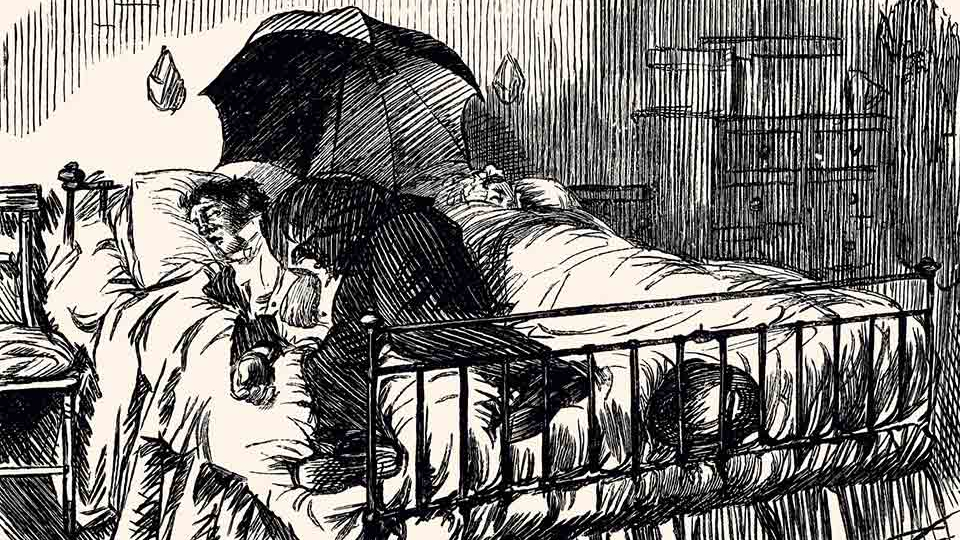 An expressive pen and ink drawing. A man rests uncomfortably dressed in a full Victorian era suit. An umbrella rests on the bed between the man and his sleeping wife.