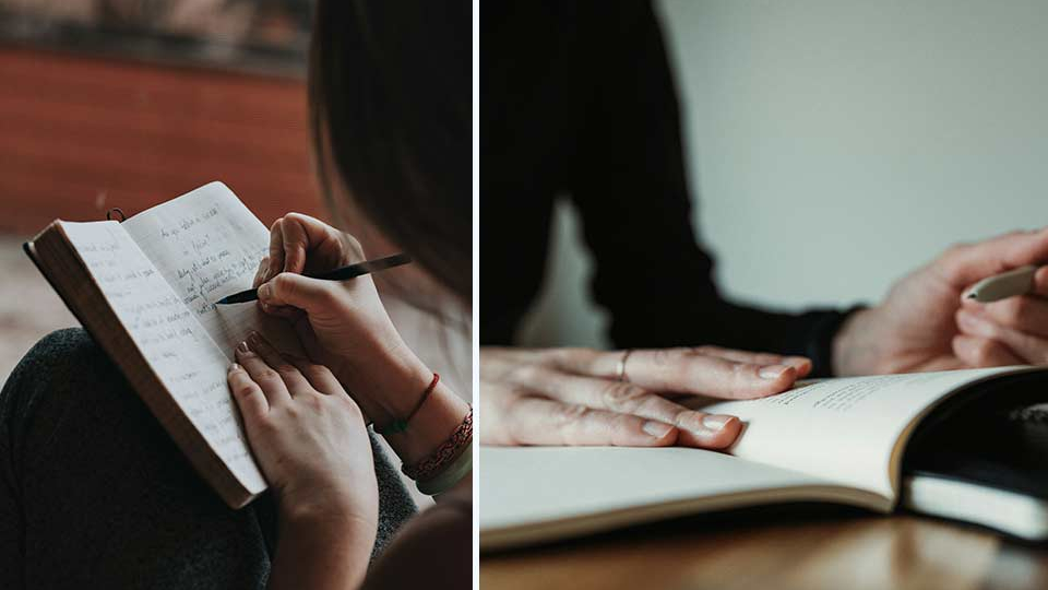 On the left, hands writing in a journal. On the right, a person seated at a table reading that journal.