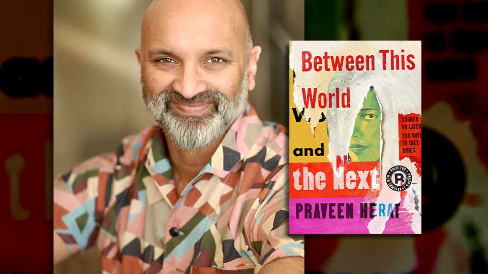 A photograph of Praveen Herat with the cover to his book Between This World and the Next