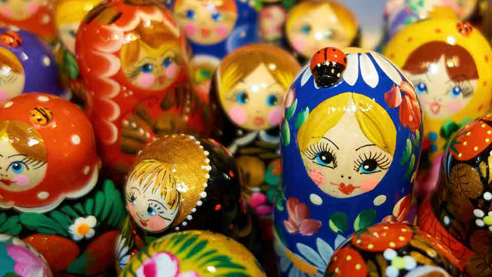 A crowded cluster of dolls