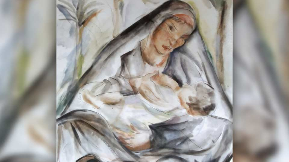 A charcoal and colored pencil illustration of Madonna and child