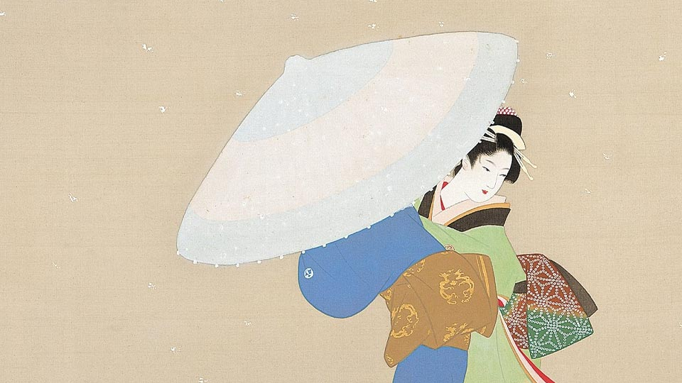 An Edo era illustration of a woman holding an umbrella