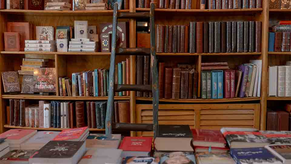 The interior of a private library. A ladder rests on the wooden shelves.