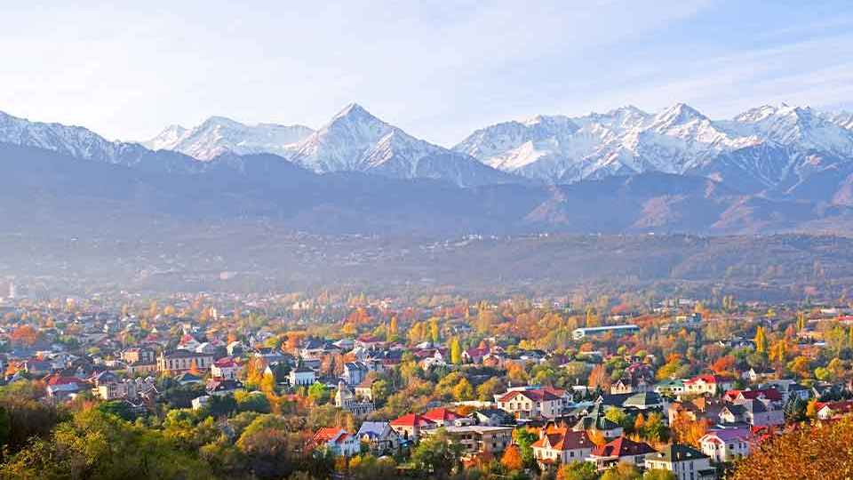 An aerial photograph of Almaty, Kazakhstan