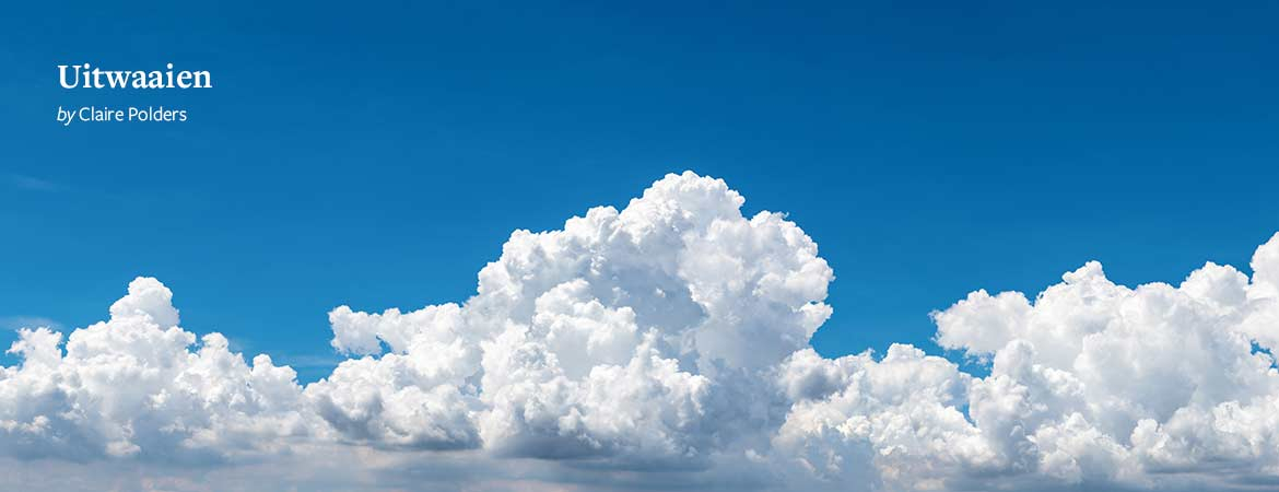 A blue sky filling with puffy clouds from the bottom