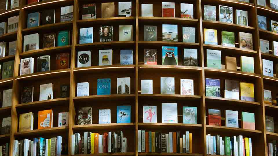 Books on a curved bookshelf