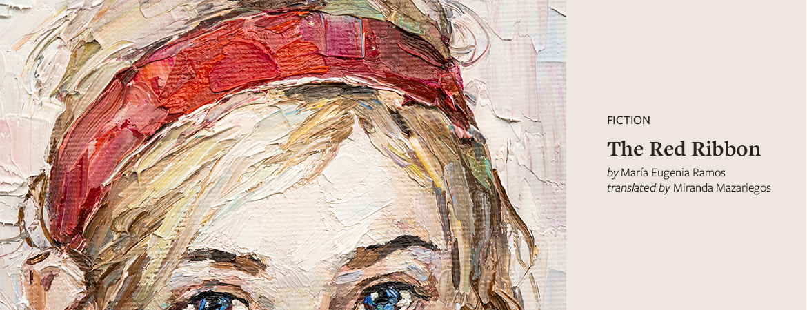 A detail of an oil painting of a woman's face, showing on her eyes and forehead.