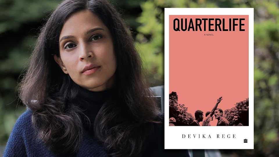 A photograph of Devika Rege with the cover to her book Quarterlife