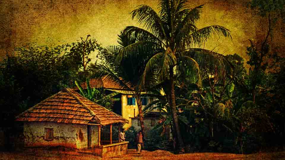 A photograph of a hut in a tropical setting. The image has a dark filter on it.