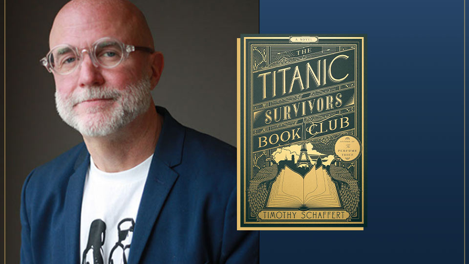 A photograph of Timothy Schaffert with the cover to his book The Titanic Survivors Book Club