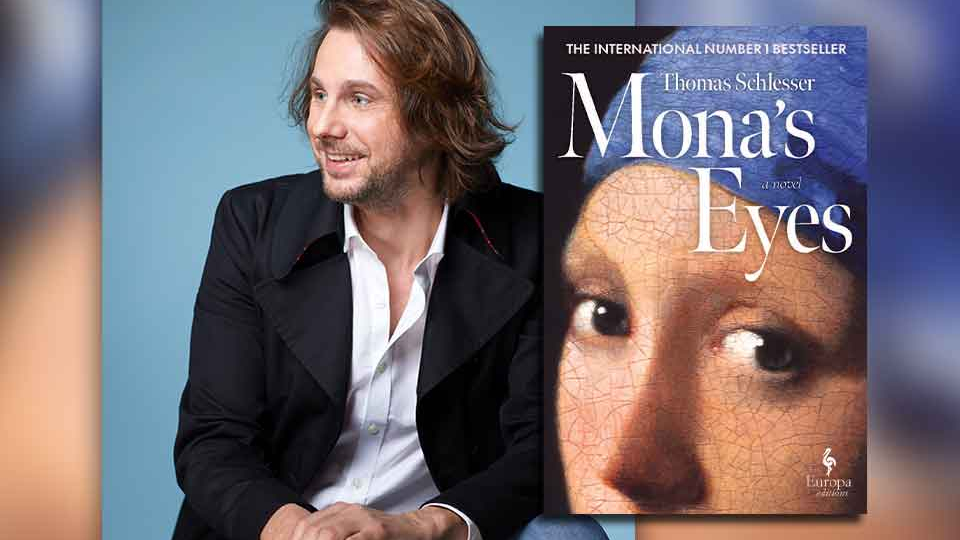 Thomas Schlesser with the cover to his book Mona's Eyes