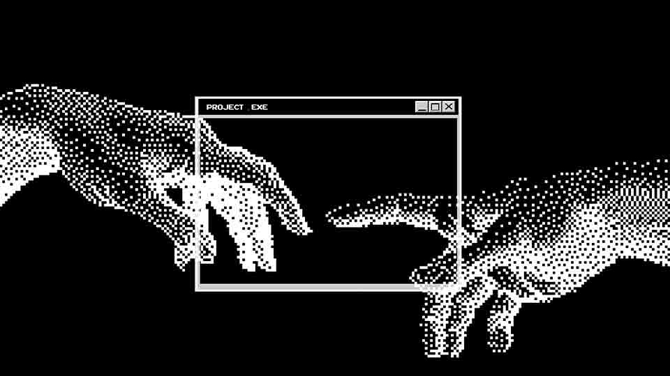 An black and white, 8-bit recreation of Michaelangelo's The Creation of Man, close-up on the touch between God and Adam, which now occurs in a desktop window