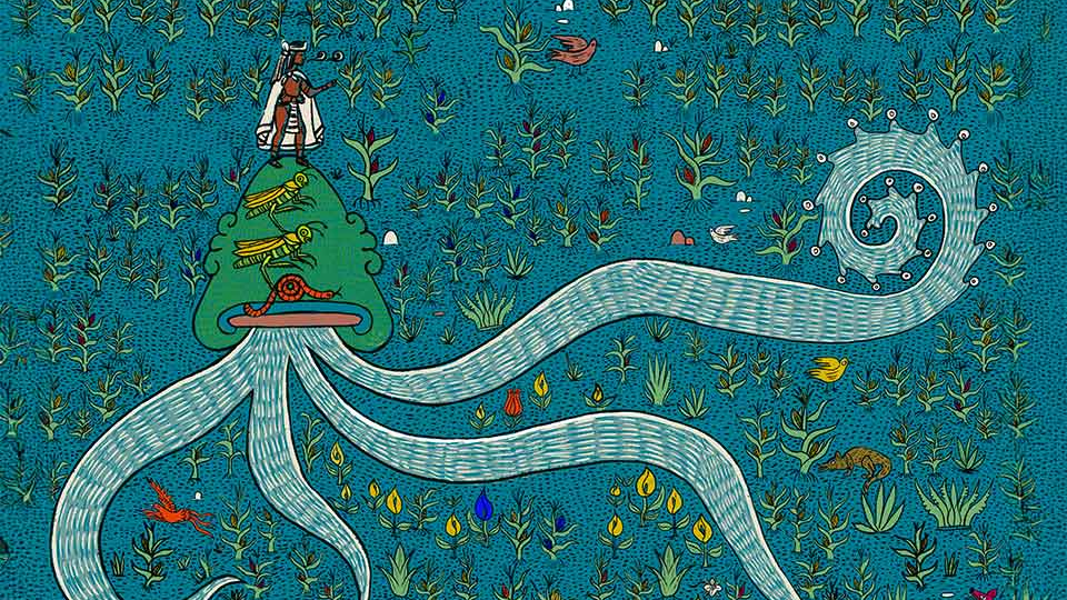 A lively illustration of a humanoid atop a triangular shaped rock. Tendrils emit from the rock and stretch out amid a stylized field of grain