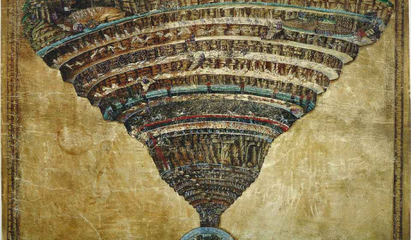 An old painting depicting a map of Hell as conceived in Dante's The Inferno