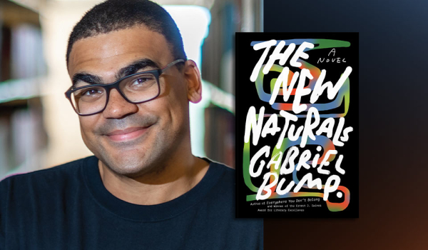 A photograph of Gabriel Bump with the cover to his book The New Naturals