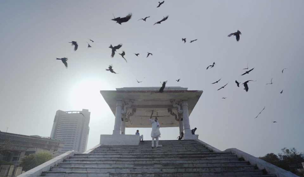 Birds circle above an altar which sits at the top of a tall set of stairs
