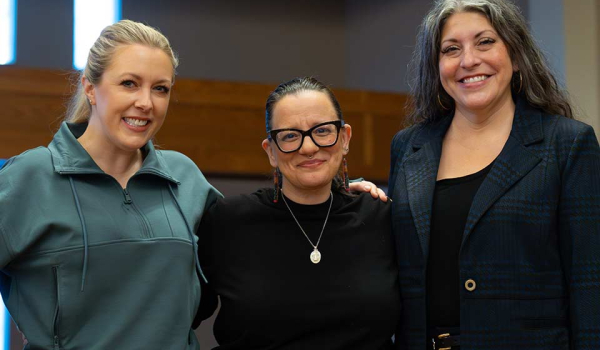 The Marrow Thieves vocalists/narrators Nicole Van Every (left) and Tracey Gregg-Boothby (right) with Cherie Dimaline