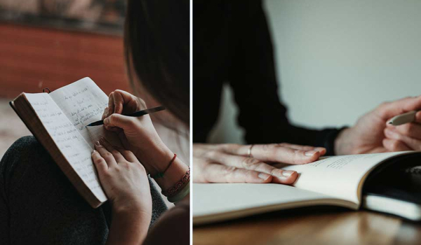 On the left, hands writing in a journal. On the right, a person seated at a table reading that journal.