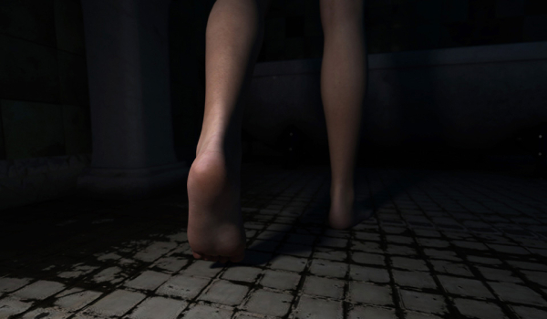 Feet walking across a tile floor bathed in shadow
