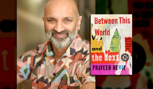 A photograph of Praveen Herat with the cover to his book Between This World and the Next