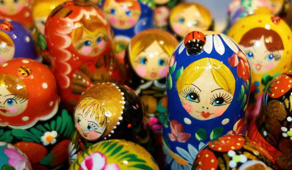 A crowded cluster of dolls