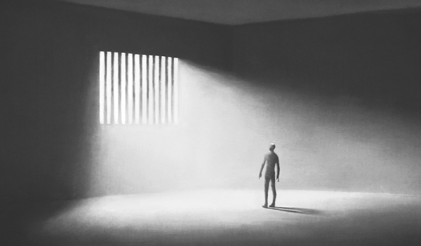 An illustration of a nonodescript human figure in a dark room slashed by light coming through a barred window