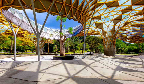 A fantastical pavilion in an outside garden