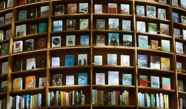 Books on a curved bookshelf