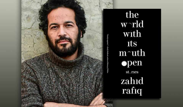 A photograph of Zahid Rafiq with the cover to his book The World with Its Mouth Open