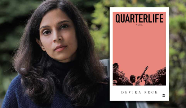 A photograph of Devika Rege with the cover to her book Quarterlife