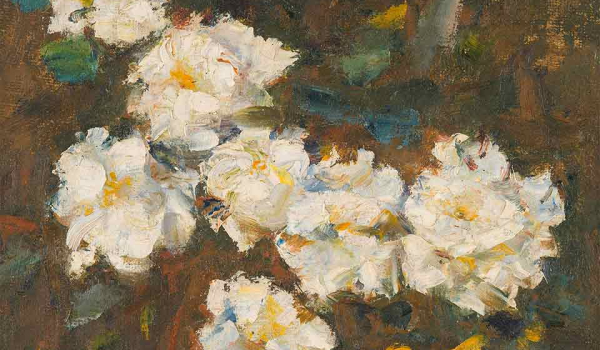 A detail from an oil painting of white flowers
