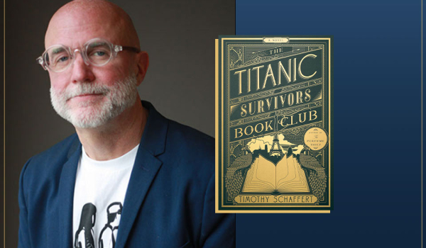 A photograph of Timothy Schaffert with the cover to his book The Titanic Survivors Book Club