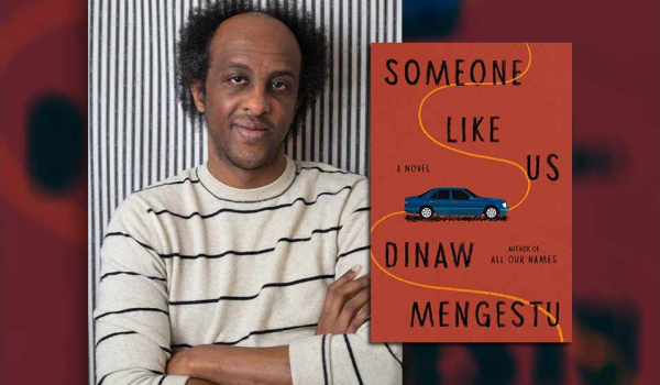 A photograph of Dinaw Mengestu with the cover to his book Someone Like Us