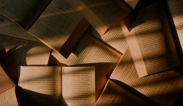 A photograph of a number of books open in a pile on a desk ribboned with shadow