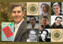 A photo of Daniel Simon, his book jacket, and seven authors who will be reading with him from March 23 to March 27