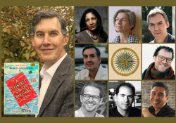 A photo of Daniel Simon, "A Compass on the Navigable Sea" book cover, and eight writers who will be helping launch the book March 23-27