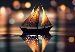 A photograph of a small toy boat floating on the surface of still waters