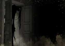 An illustration of a ghoulish figure hovering in a door frame