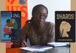 Cynthia Marangwanda with the covers to her books The Toppling and Shards