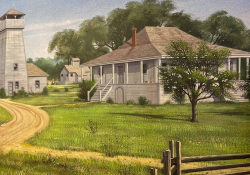 A painting of an idyllic country farmhouse